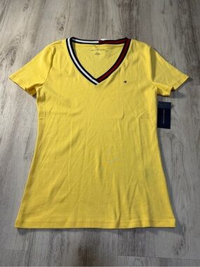 Tommy Hilfiger Yellow V-Neck Short Sleeve Tee with Striped Trim